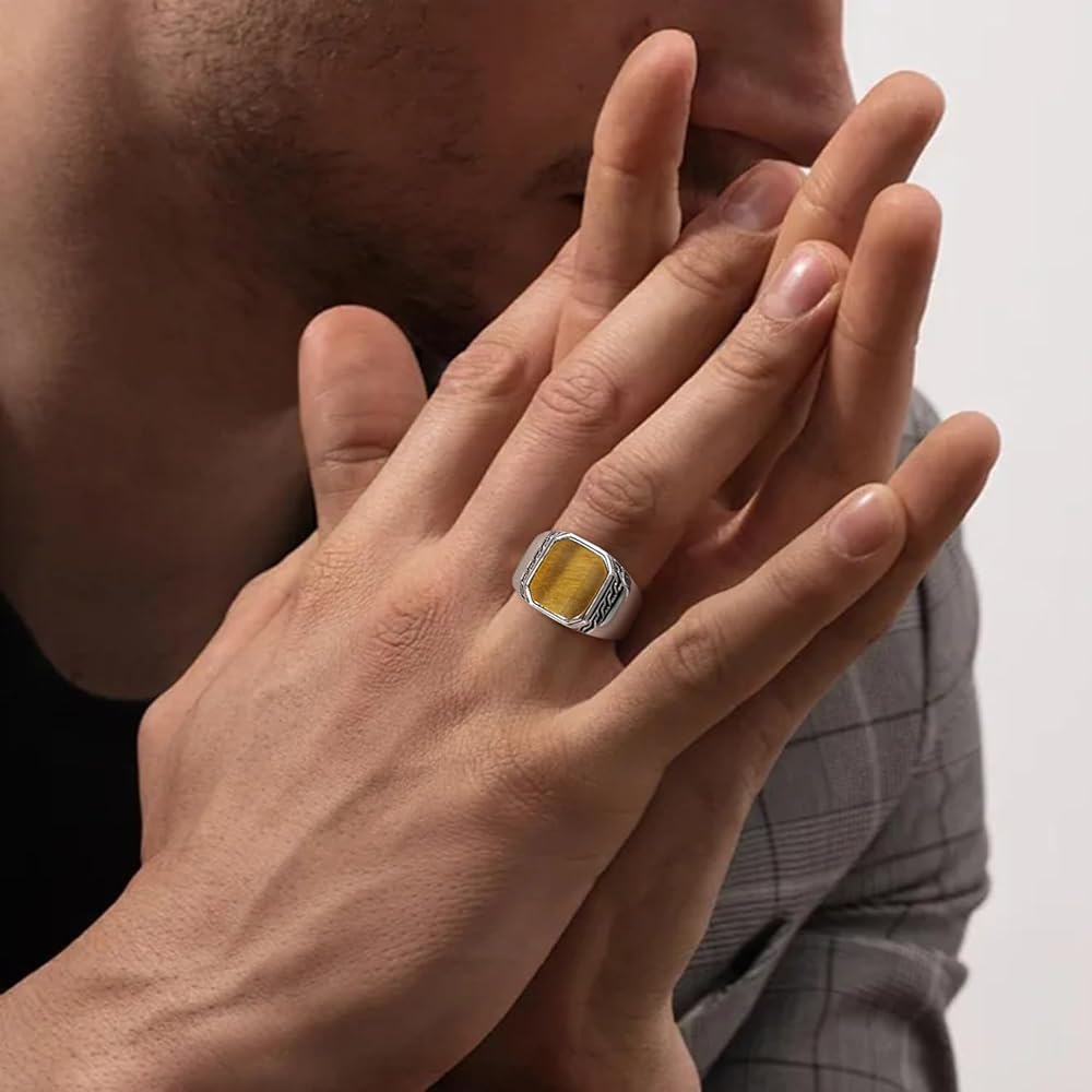 STARCHENIE Men's Genuine Tiger Eye Sterling Silver Ring
